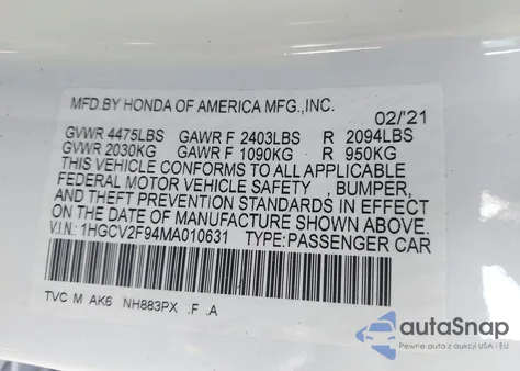 2021 Honda Accord Touring from USA, damaged, VIN 1HGCV2F94MA010631